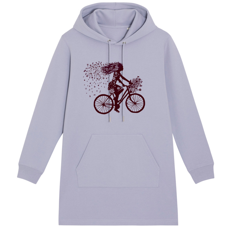 ŽENA NA BICYKLI mikinové šaty s kapucňou levandulové