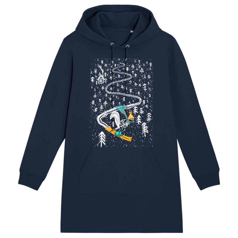 VEVERIČKA NA LYŽIACH mikinové šaty s kapucňou modré